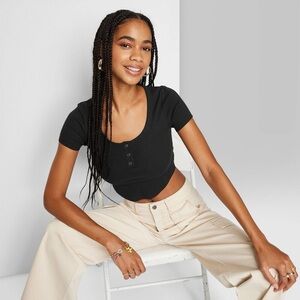 Wild Fable Black Ribbed Henley Crop Top